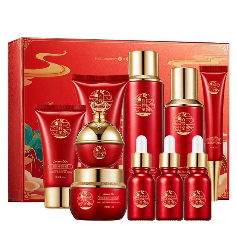 10pcs Face Skin Care Set Dragon Blood Anti-aging Facial Cleaner Face Serum Toner Essence Milk Repear Beauty SkinCare Kit