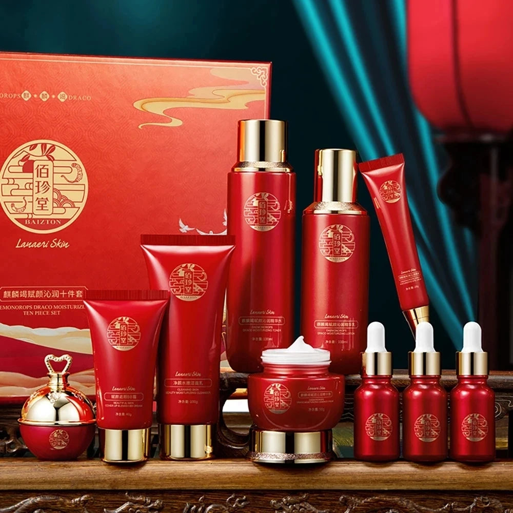 10pcs Face Skin Care Set Dragon Blood Anti-aging Facial Cleaner Face Serum Toner Essence Milk Repear Beauty SkinCare Kit